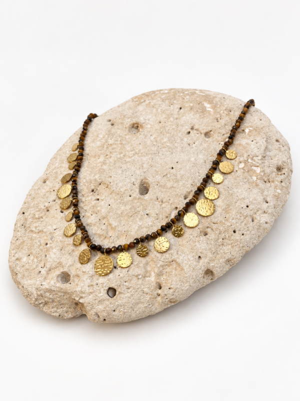 Collier Hanoï – Perles œil du tigre et acier inoxydable doré